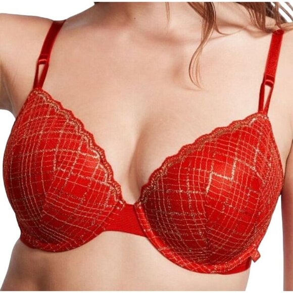 Victoria's Secret Bra Push Up Size 36DDD Lipstick Red Lace Gold T-Shirt Holiday - Picture 1 of 8